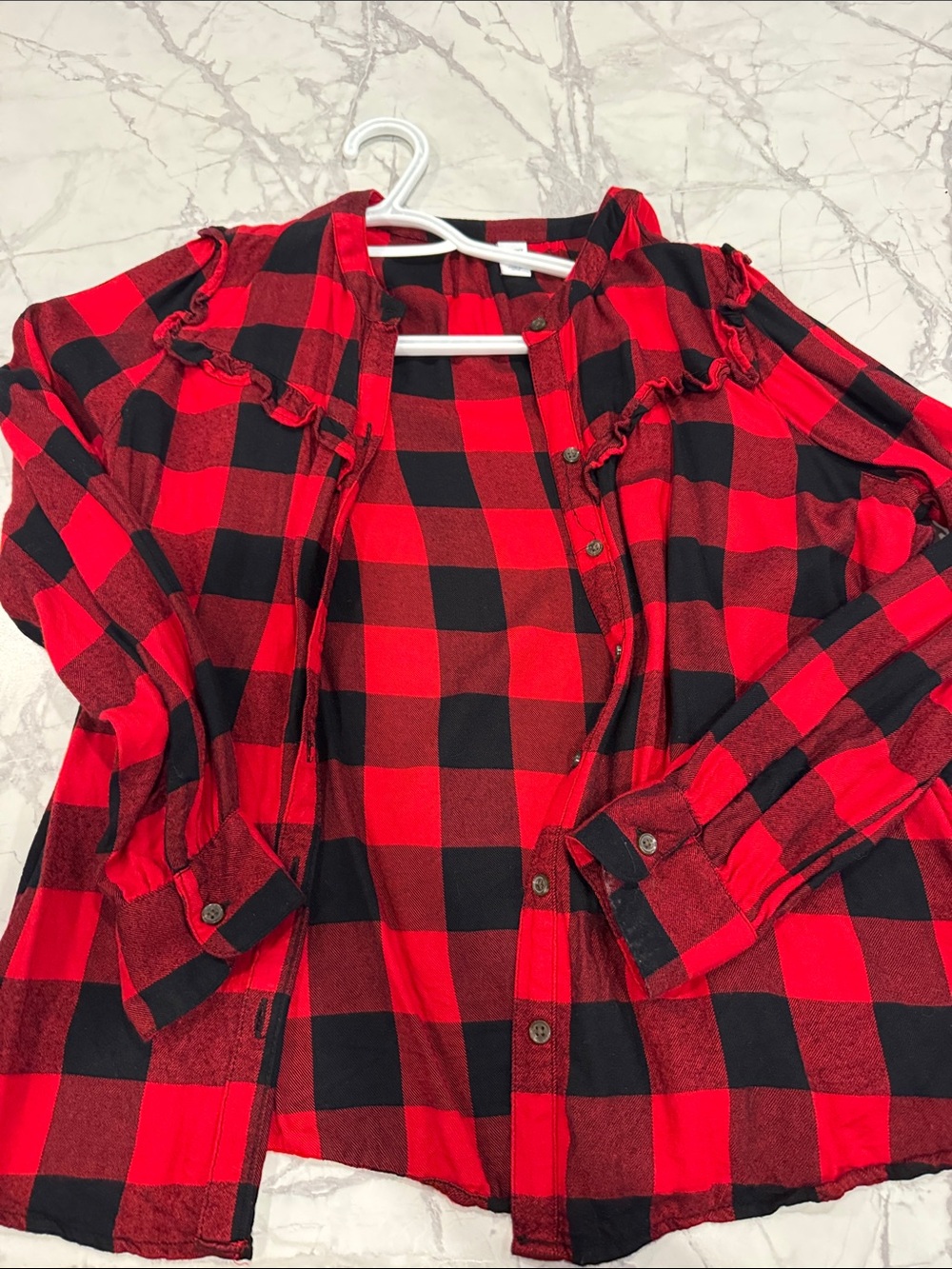 Old Navy Red and Black Buffalo Plaid Ruffle Button-Up Top